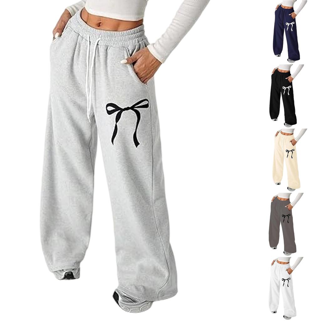 Women's Loose Elastic Waist Pocket Casual Pants Plaid Print Wide Leg Trousers