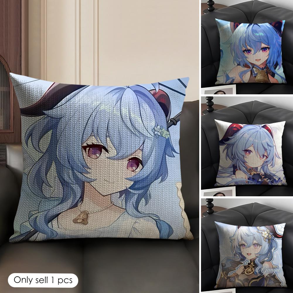Cute Ganyu Genshin Impact Cushion Cover Natural Linen Organic Fabric DoubleSided Printing Sofa Home Decor Gift Pillow Case