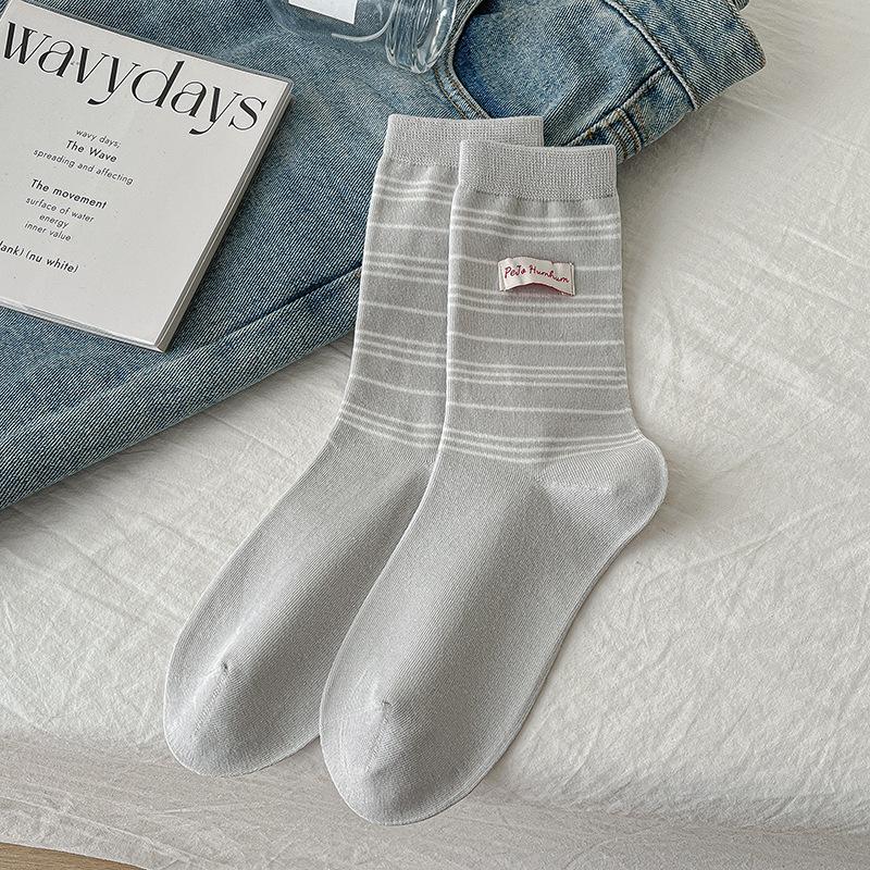 Female Autumn New Product Retro Fashion Assorted Striped Cloth Label College Wind Tube Cotton Socks