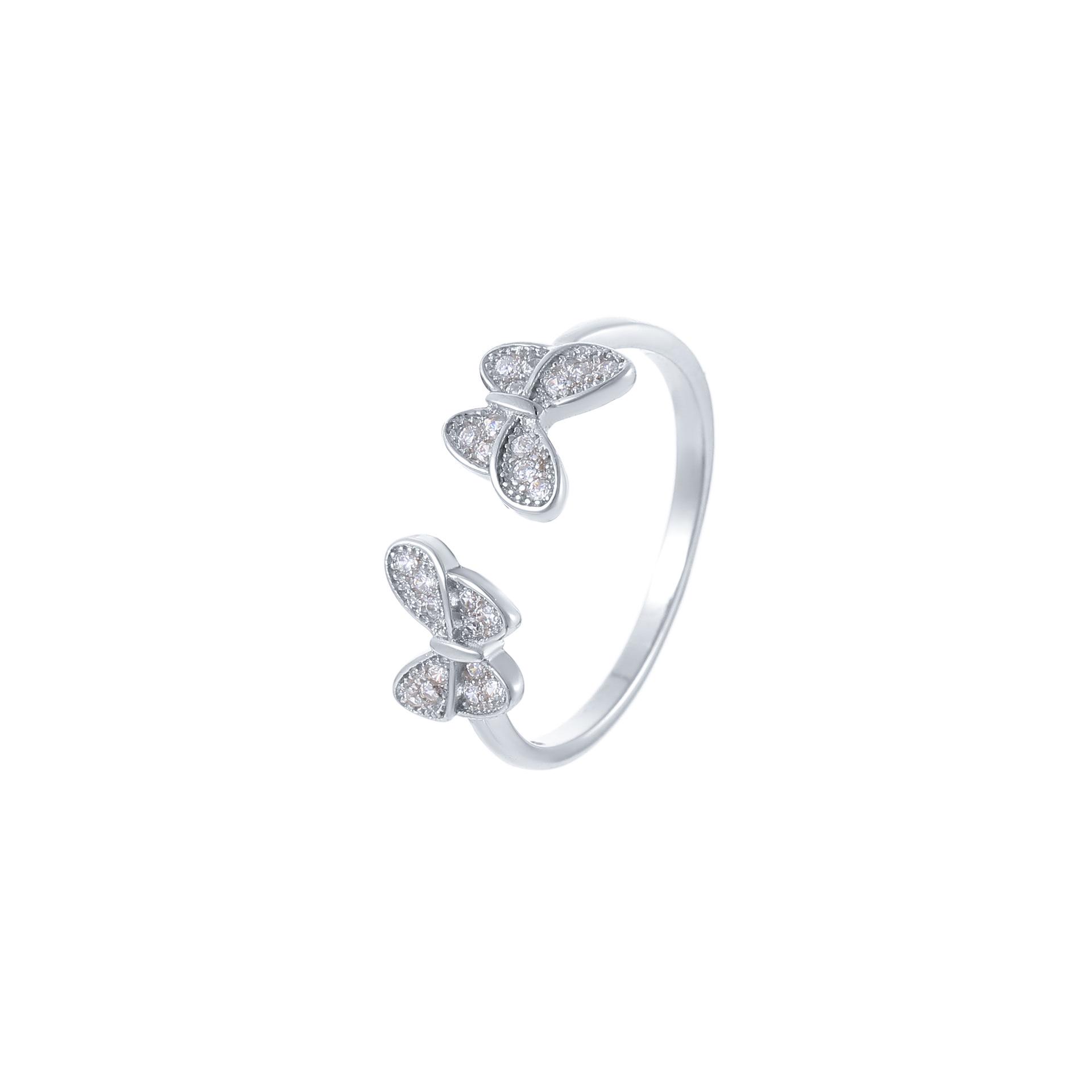 18K Gold-Plated S925 Sterling Silver Butterfly & Flower Zircon Ring for Women Adjustable Open