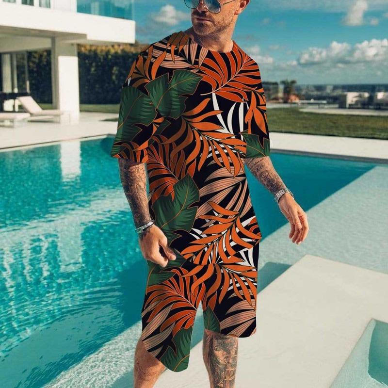 Men's Beach Set Hawaiian T-shirt Vacation Casual Beach Pants Suit Fashion Full Print Tshirt Set Top New Mens Tees Short Two Set