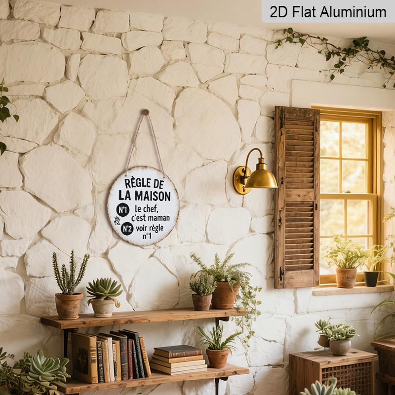 2D Flat, 1pc Round Aluminum Hanging Sign, French "Regle De La Maison" - Mom Is The BossFunny Mom Rule Design, Retro Distressed Home Metal Sign