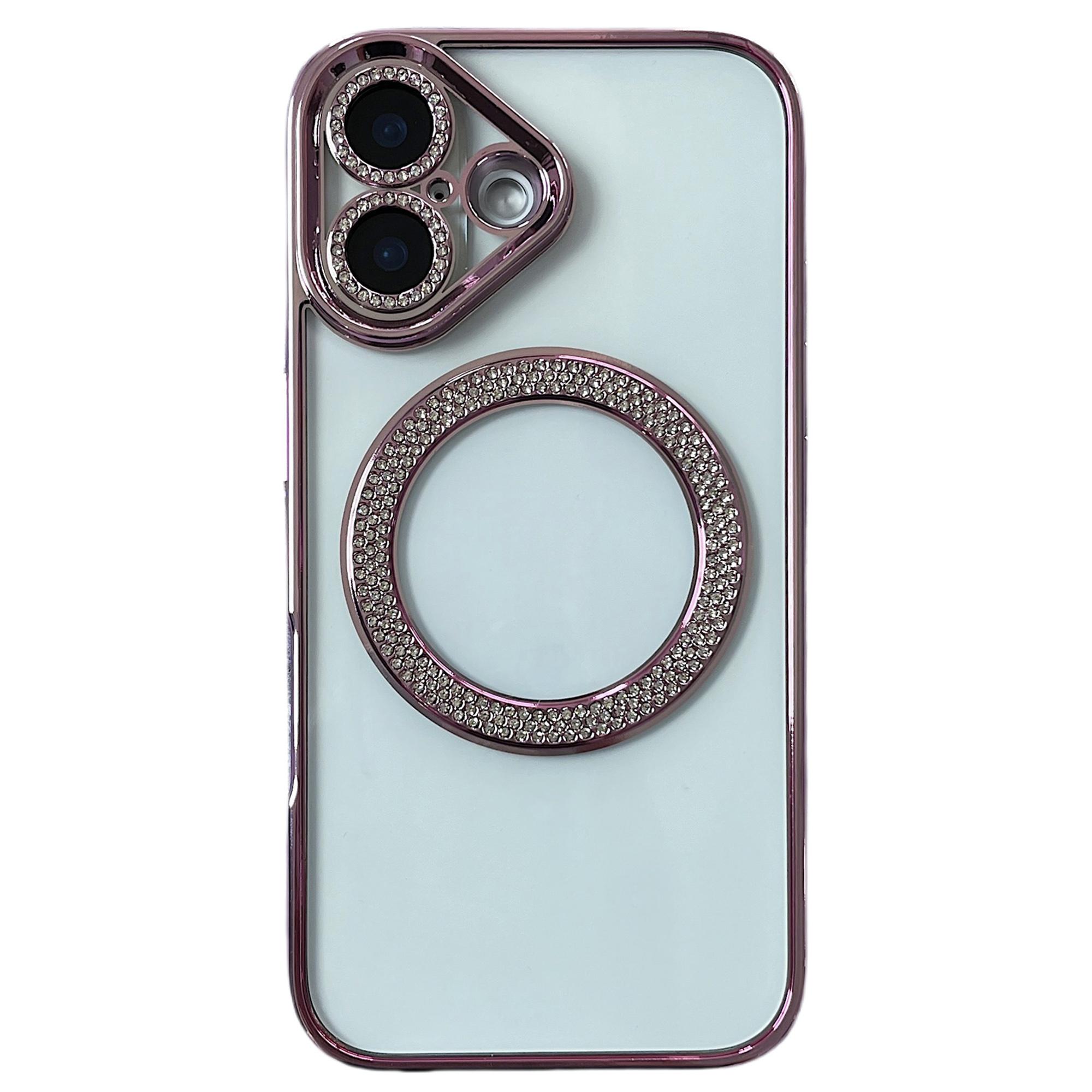 

For iPhone 16 Magnetic Case Bling Rhinestone Clear TPU+PC Phone Cover Pink