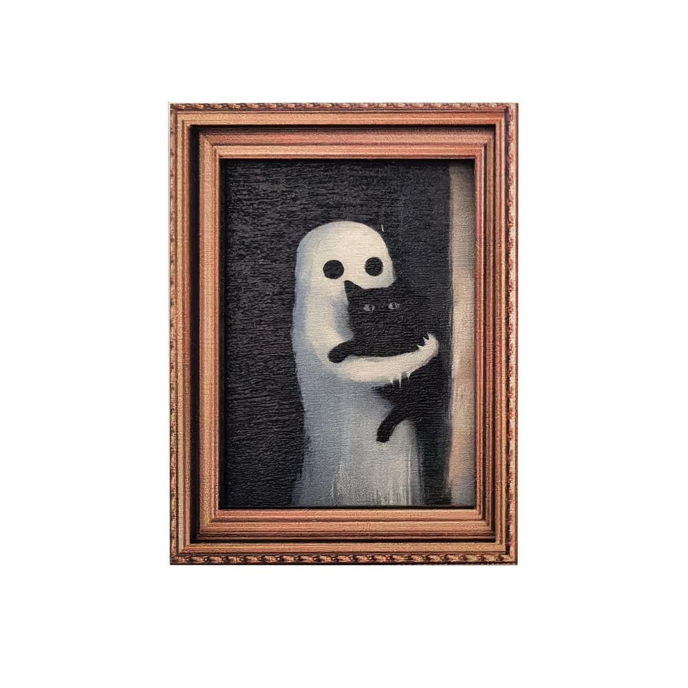 Retro White Ghost and Its Black Cat Poster Photo Mini Magnetic Halloween Fridge Magnet Wooden Decorative