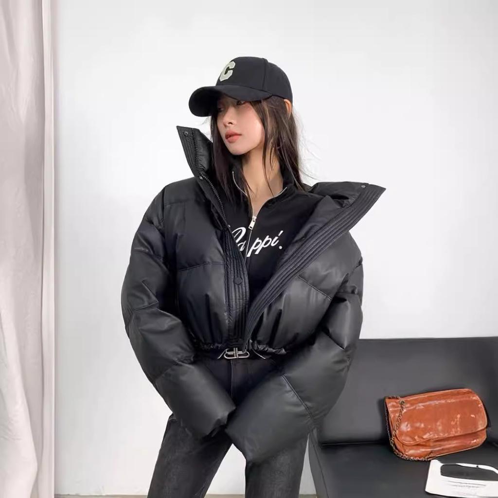 Down Jacket Women's New Winter Leave-in Pu Leather Short Thickened Loose Stand-up Collar Bread Jacket Small Kendou Jacket