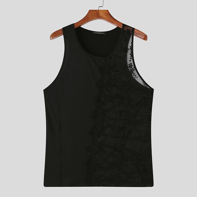 

INCERUN Men O-neck Sleeveless Lace Patchwork Fitted Casual Tank Tops XL чёрный