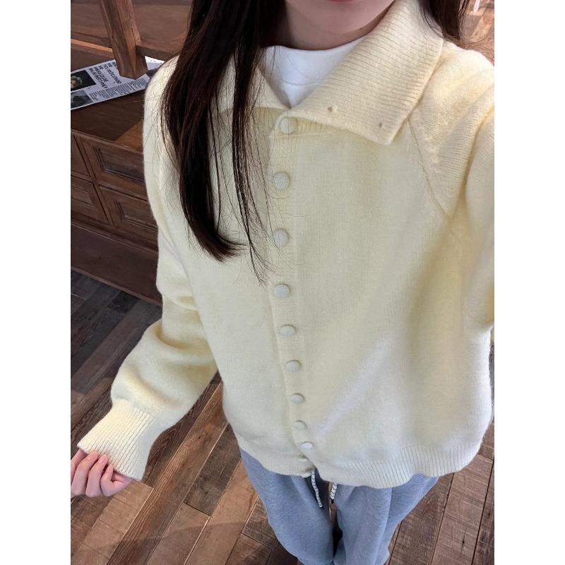 Milk yellow age-reducing dopamine knitted top cardigan women's autumn and winter single-breasted lapel shoulder sleeve sweater jacket