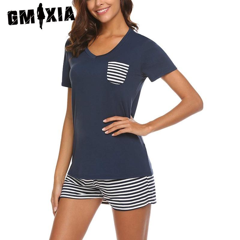 GMXIA Spring and Summer Pajamas Striped V-neck Short-sleeved Shorts Two-piece Suit Loungewear