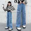 Salopete din denim pentru fete Pantaloni largi Modele de primăvară și toamnă Pantaloni largi cu picioare drepte pentru fete Blugi pentru copii medii și mari