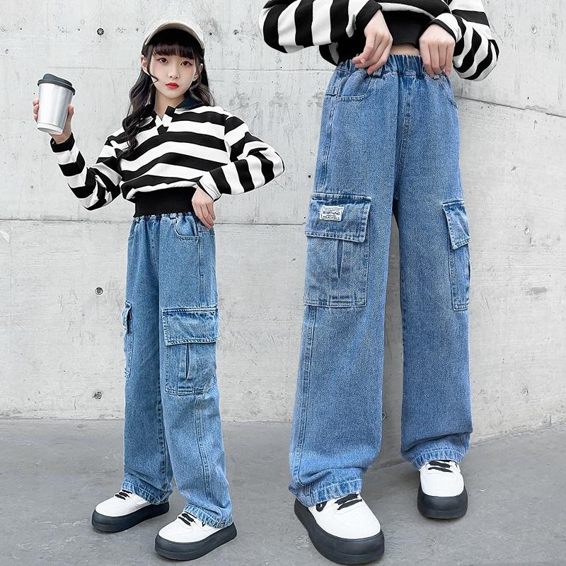 Salopete din denim pentru fete Pantaloni largi Modele de primăvară și toamnă Pantaloni largi cu picioare drepte pentru fete Blugi pentru copii medii și mari