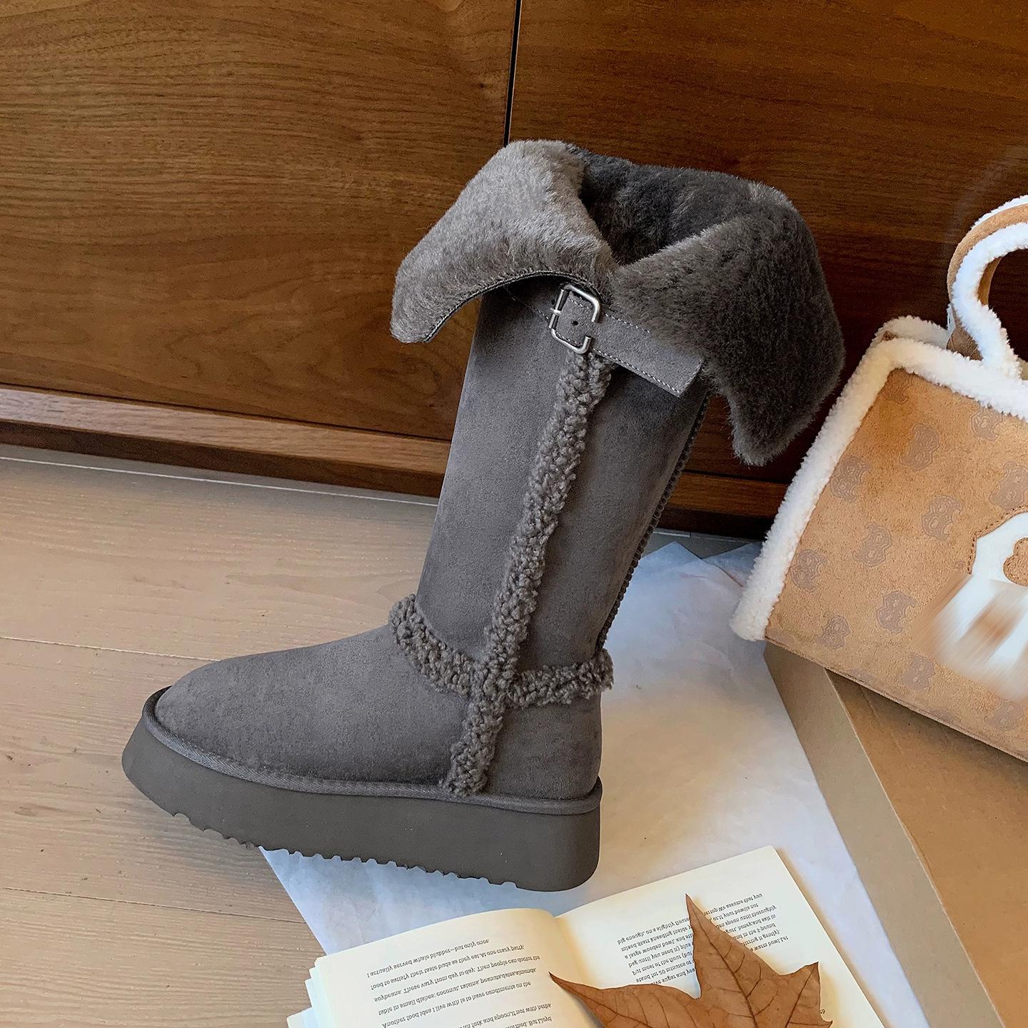 

Издание из коровьей кожи~ Серые длинные зимние сапоги женские 2025 зимние ботинки на платформе утолщенные нескользящие северо-восточные хлопковые туфли 40