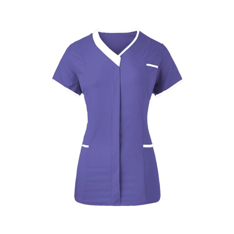 Women Solid Color Short-Sleeve V-neck Top Nurse Work Uniform Pocket Top