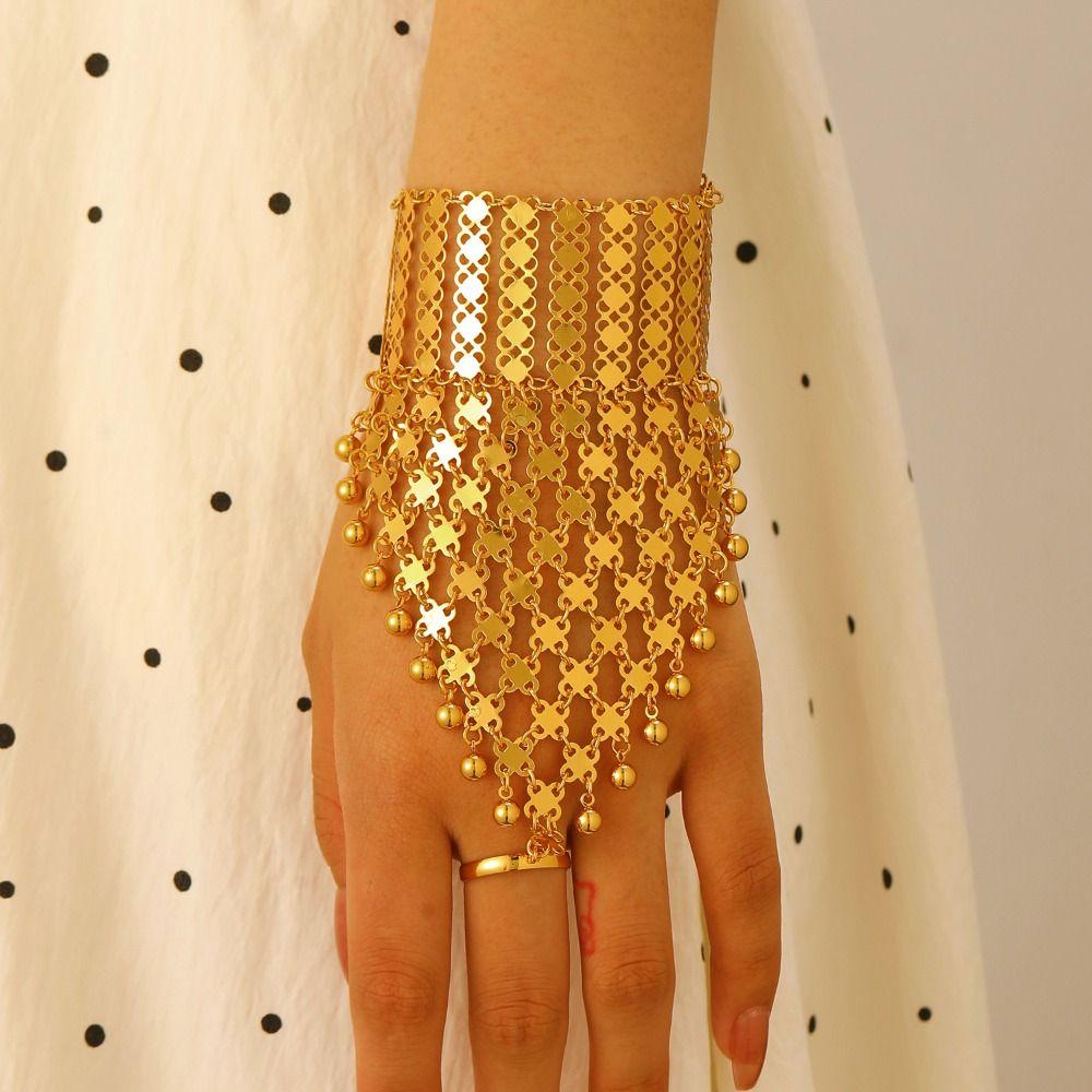 Exotic Ethnic Style Finger Bracelet Thai Hollow Geometric Bracelet Golden Tassels Bracelet  Wedding