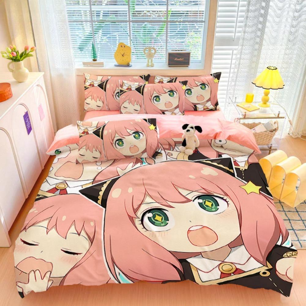 Cartoon Anime girl,Microfibre Bedding Sets, Children's Bed Decor Duvet Cover for Teenagers Adult 3-Piece  with Zip Room Decor