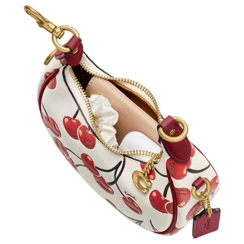 Coach JONIE 15 estampado de cerezas correa de hombro extraíble con cierre de cremallera bolso de hombro de cuero curtido mini para mujer blanco tiza con rojo