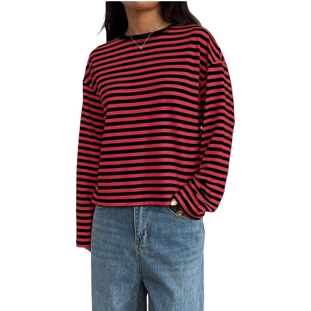 Women's Striped Long Sleeve T-Shirt Loose Fit Round Neck Color Block Casual Layering Top