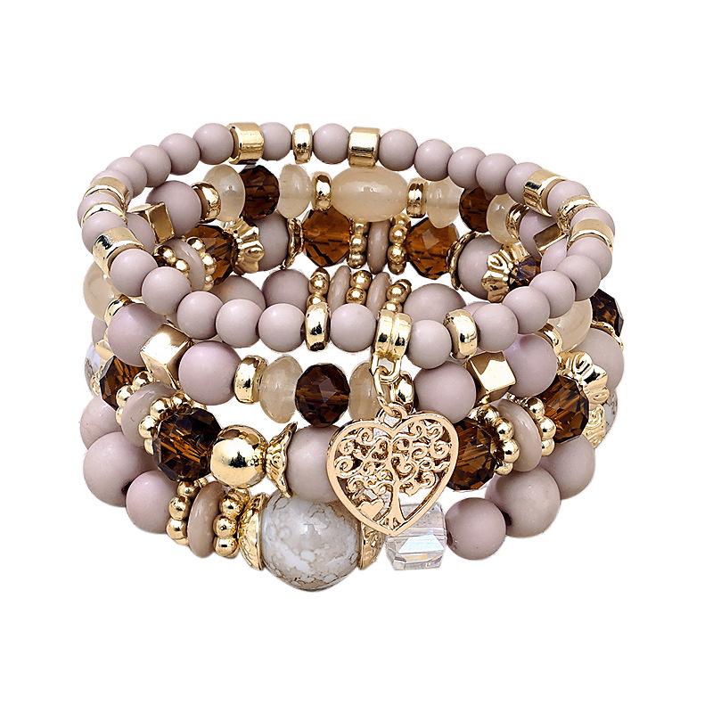 Bohemian Ethnic 4-Piece Bracelet Set: Multi-Layer Stackable with Peach Heart Tree Pendant & Acrylic Beads.