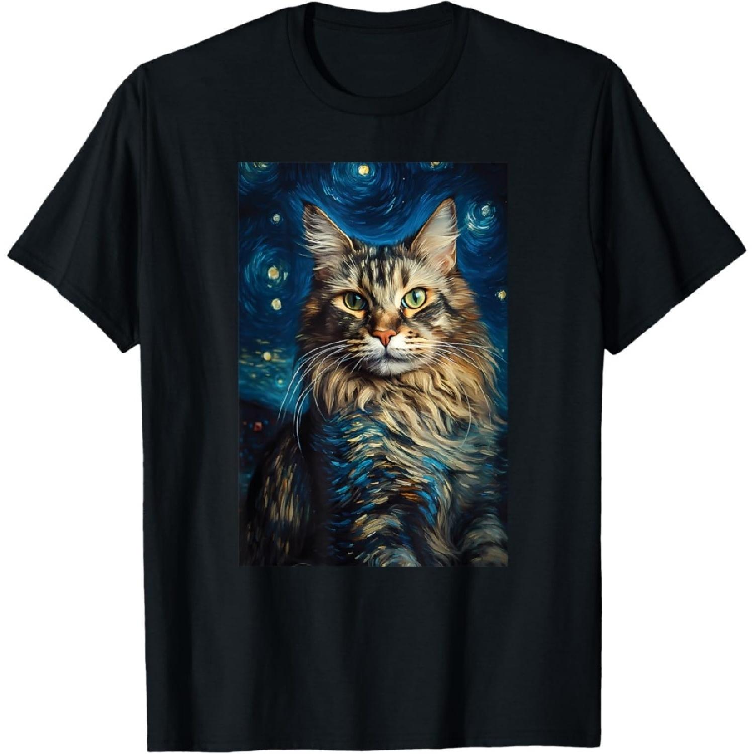 Мейн-кун кошка картина котенок Ван Гог искусство Звездная ночь небо Мужчины Женщины Дети Футболка S
