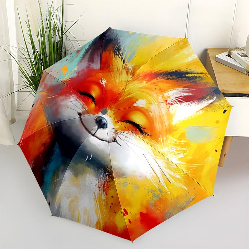 1pc Fox Artwork Automatic Folding Umbrella - 8-Rib Compact Travel Umbrella Durable & Portable for Outdoor Use, Perfect Gift for Birthdays084