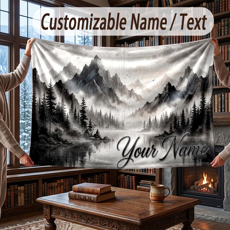 Mountain Landscape Theme Throw Blanket Custom Name Text Personalized Blanket Soft Cozy Blanket for Home Sofa Bed