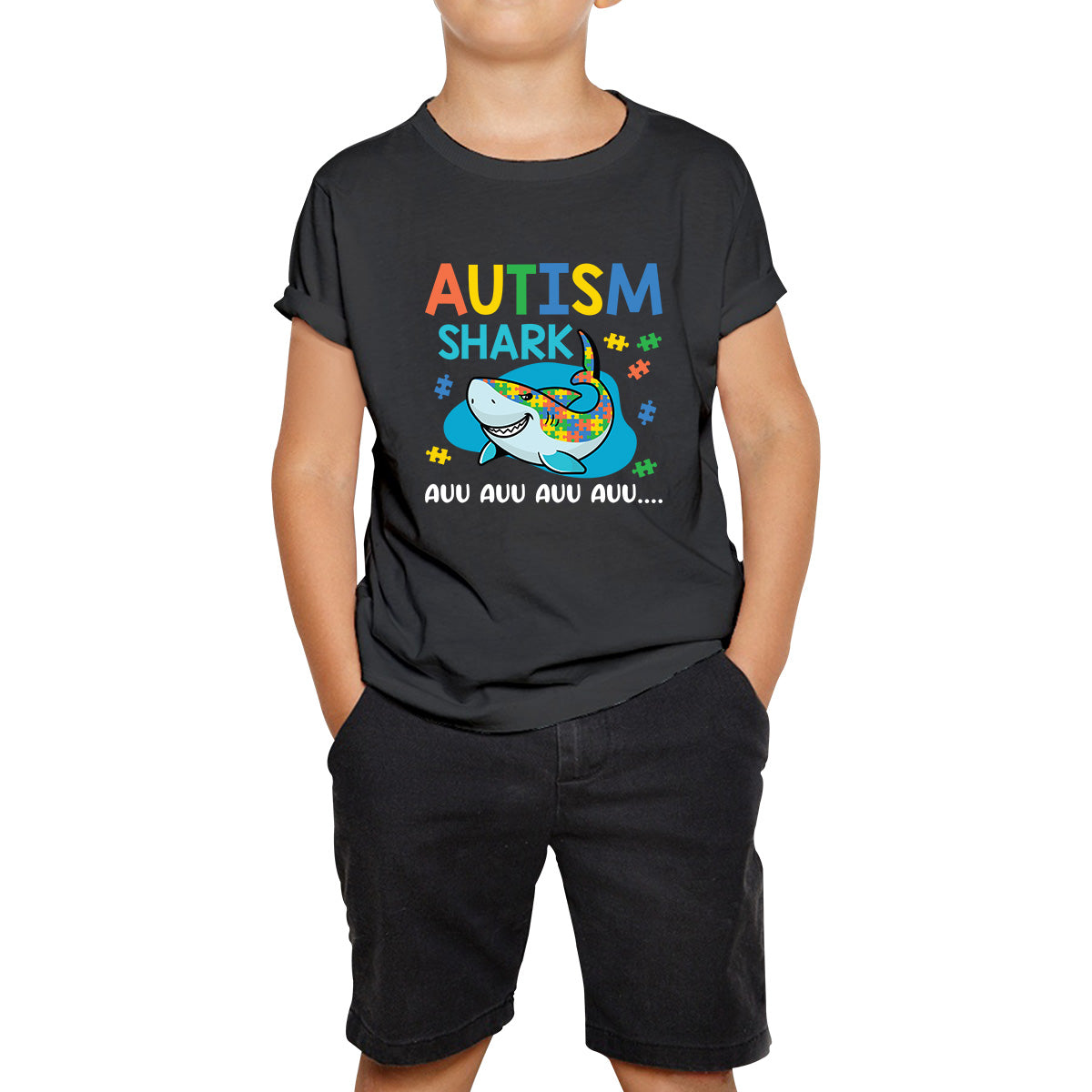 Autism Shark Auu Auu Auu Autism Awareness Month Autistic Support Puzzle Piece Kids T Shirt 120