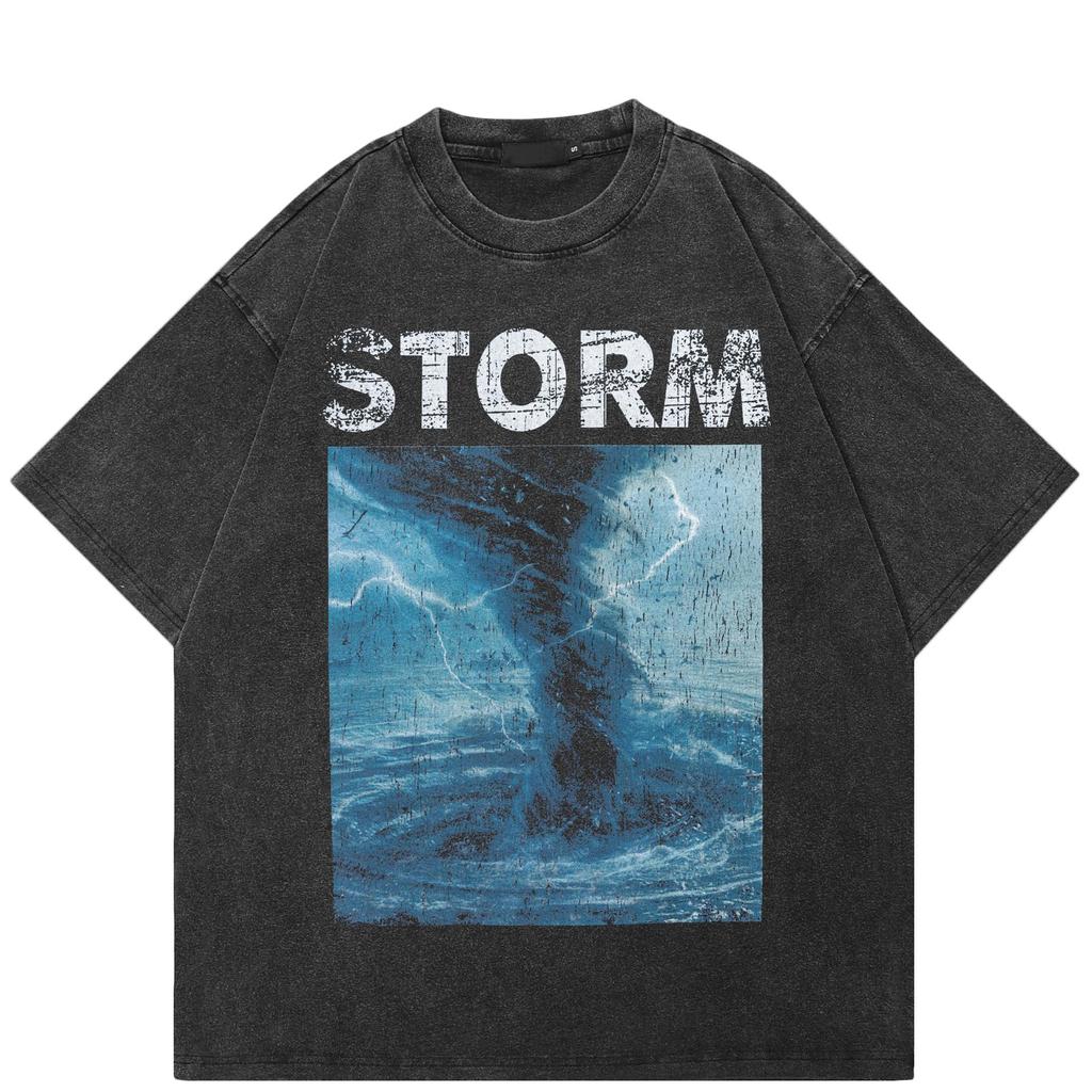 Streetwear Storm Graphic Unisex T-Shirt Cotton Washed Black Tshirt Unisex Tops Tees Summer Short Sleeves T Shirt
