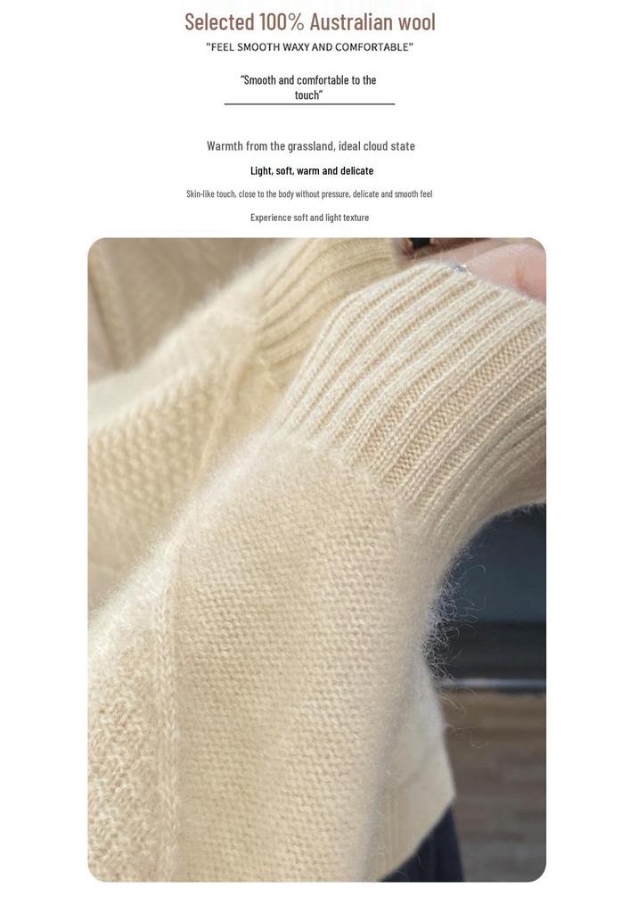 Women's Heavyweight Wool Cable Knit Sweater - Half-High Collar Loose Pullover