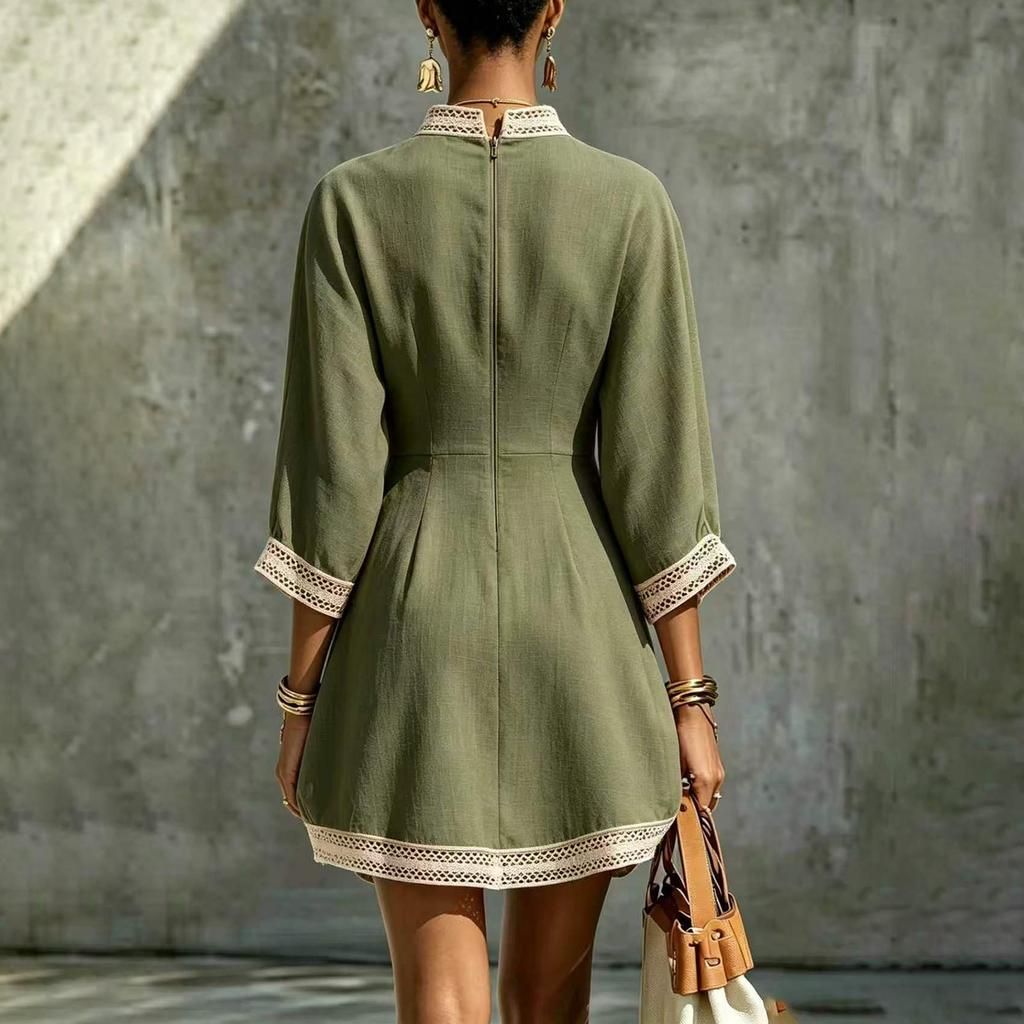 Women's Lace Trim V-Neck Cotton Linen Short Dress with Three-Quarter Sleeves Loose Fit