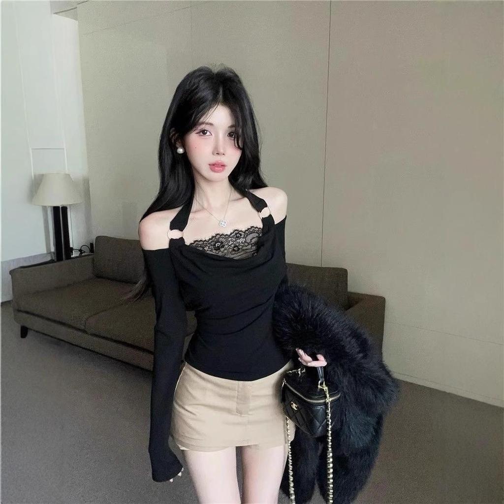 Autumn Off-Shoulder Cowl Neck Long Sleeve Halter Top