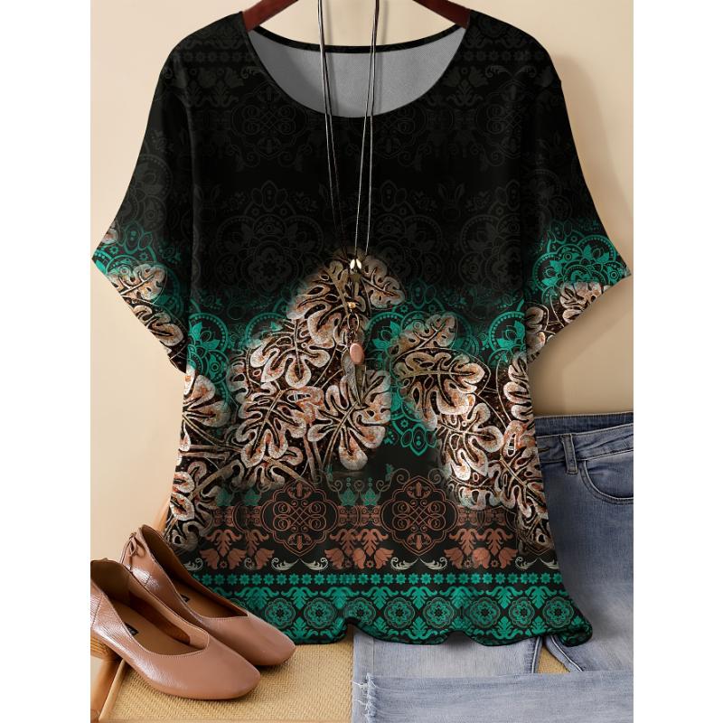 Fashion Women's Flower Short Sleeve Crew Neck T-Shirt 3D Flower Short Sleeve Crew Neck Short Sleeve