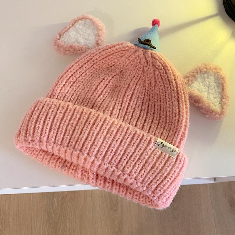 Niedliche Cartoon Plüsch Ohren Strickmütze Damen Herbst und Winter Neu Warm und Vielseitig Lustiges Gesicht Zeigt Kleine Wollmütze
