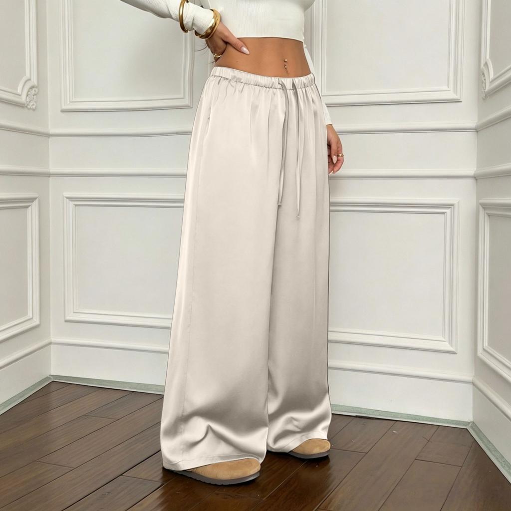 Women High Waist Loose Fit Wide Leg Pants Soft Flowing Fabric Relaxed Casual Trousers with Drawstring Waistband for Daily Wear