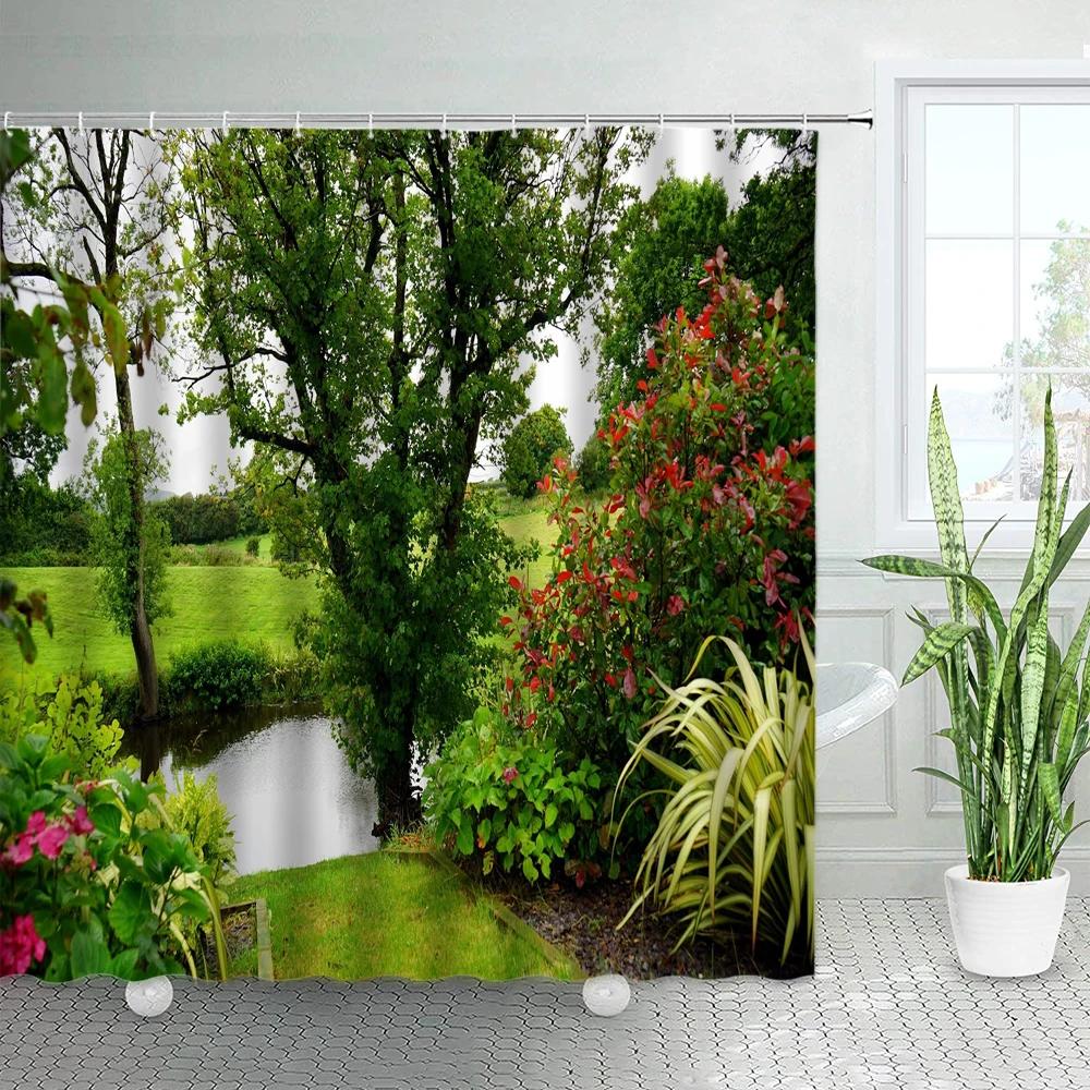 Spring Rural Landscape Shower Curtains Set Pink Flowers Tree Forest Natural Floral Green Plant Scenery With Hooks Bathroom Decor