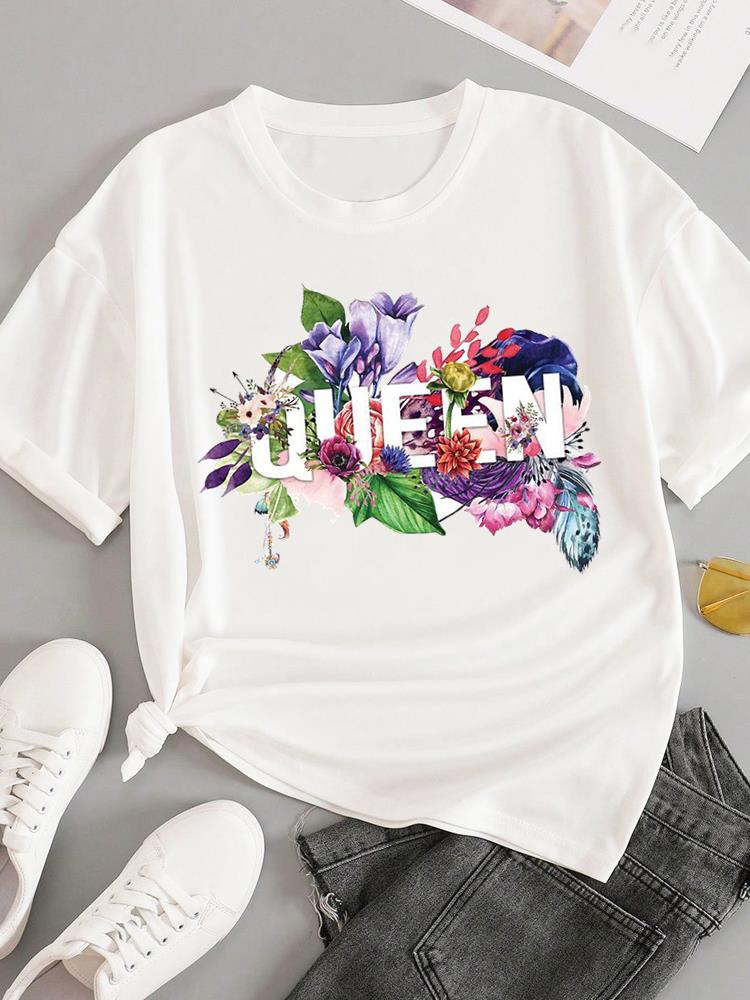 (Asian Size) sweet flower feather Short Sleeve T-shirts Women's Top T Female Print  Fashion O-neck Casual Clothing  Graphic Tee