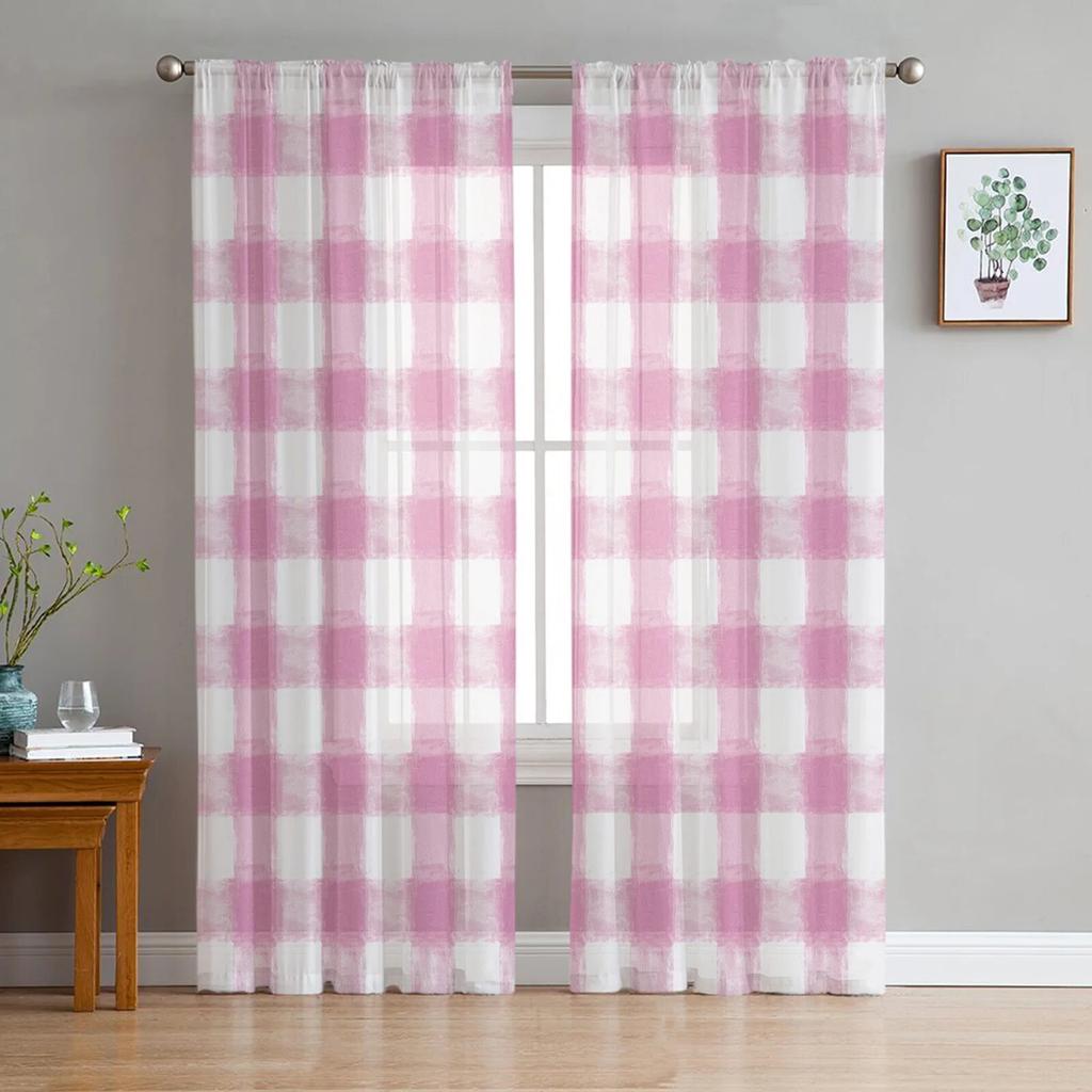 Plaid Geometric Weave Voile Sheer Curtains For Living Room Window Chiffon Tulle Curtain Kitchen Bedroom Drapes Home Decor