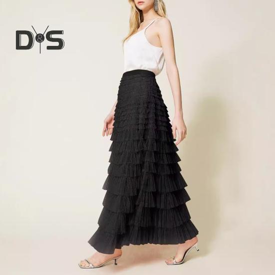 Dámská dortová sukně Jednobarevná sukně středního pasu Dlouhá sukně s elastickým pasem Síťovaný lem A-linii Maxi sukně pro každodenní nošení