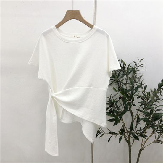 T-shirt à manches courtes et col rond pour femme, ourlet irrégulier, élastique, fin, couleur unie, pull ample, streetwear, été