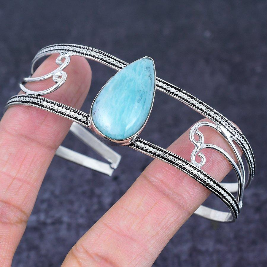 Natural Amazonite Gemstone 925 Sterling Silver Cuff Bangle Adjustable C8q45