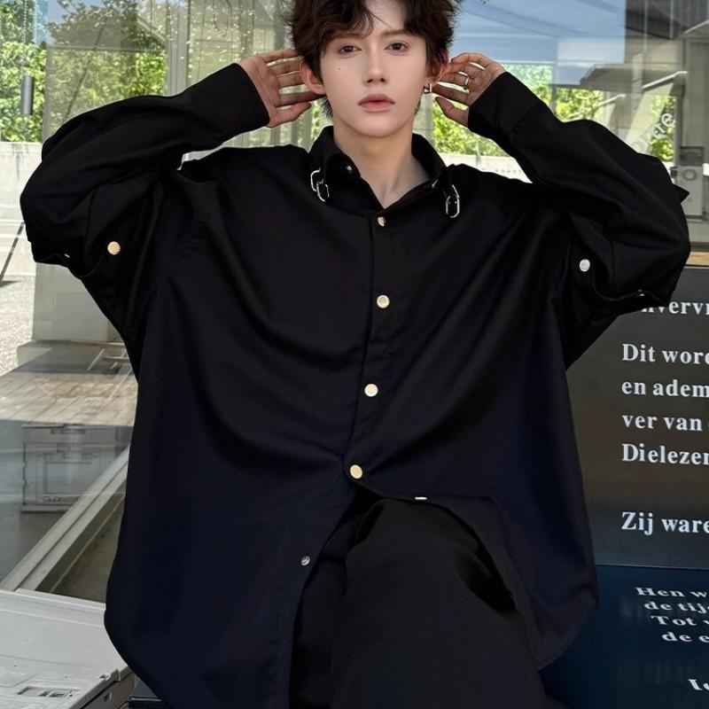 Men's Black Metal Ring Detail Button Down Shirt Casual Detachable Sleeve Oversized Streetwear Top