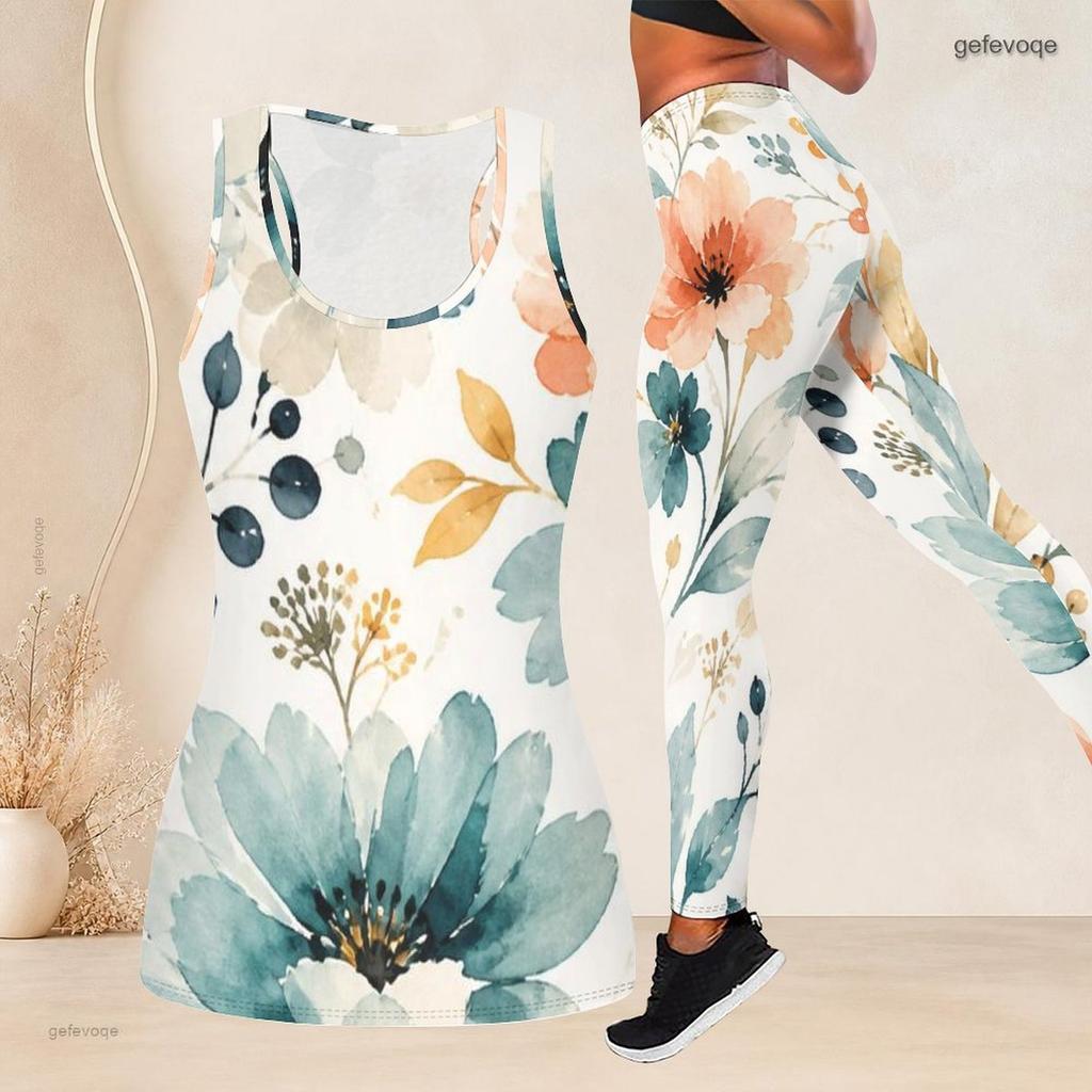 Women Plus Size Two Piece Set Scoop Neck Sleeveless Floral Printed Longline Tank Top Fitted Pants