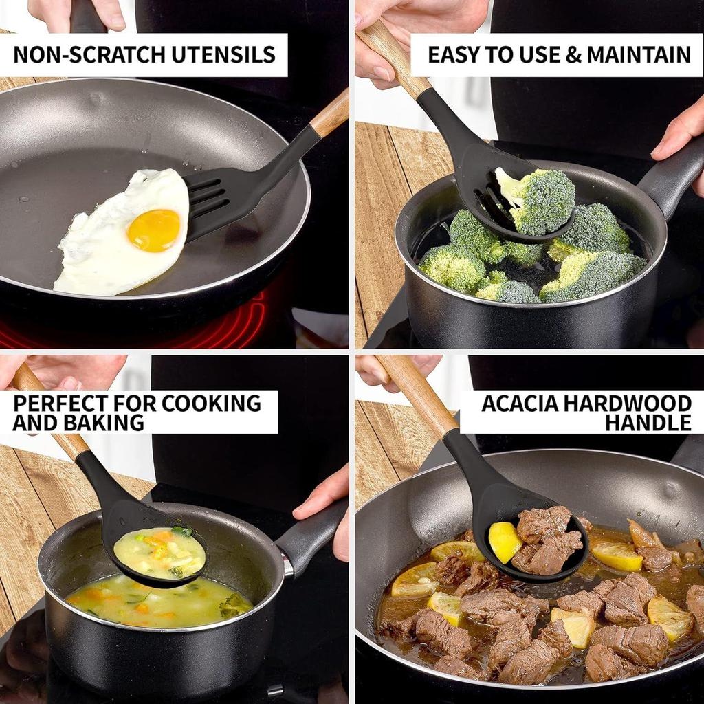 Non-Stick Silicone Cooking Utensils Set, 5 Pcs With Wooden Handle, Heat Resistant Silicone Kitchen Gadgets