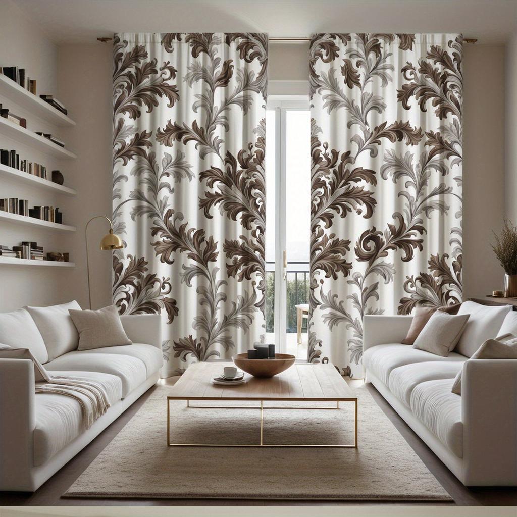 2Pc Brown And Gray Floral Print Curtains, Polyester Fabric, Machine Washable, Suitable For Living Room, Bedroom, Study