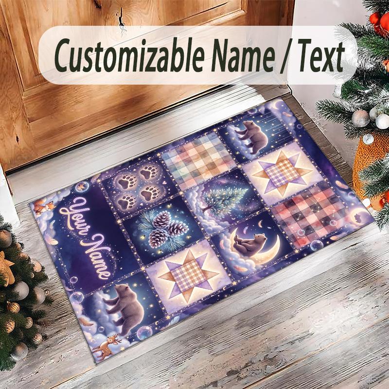 Teddy Bear Theme Crystal Velvet Rug Personalized Custom Name Text Soft Floor Mat Home Decor