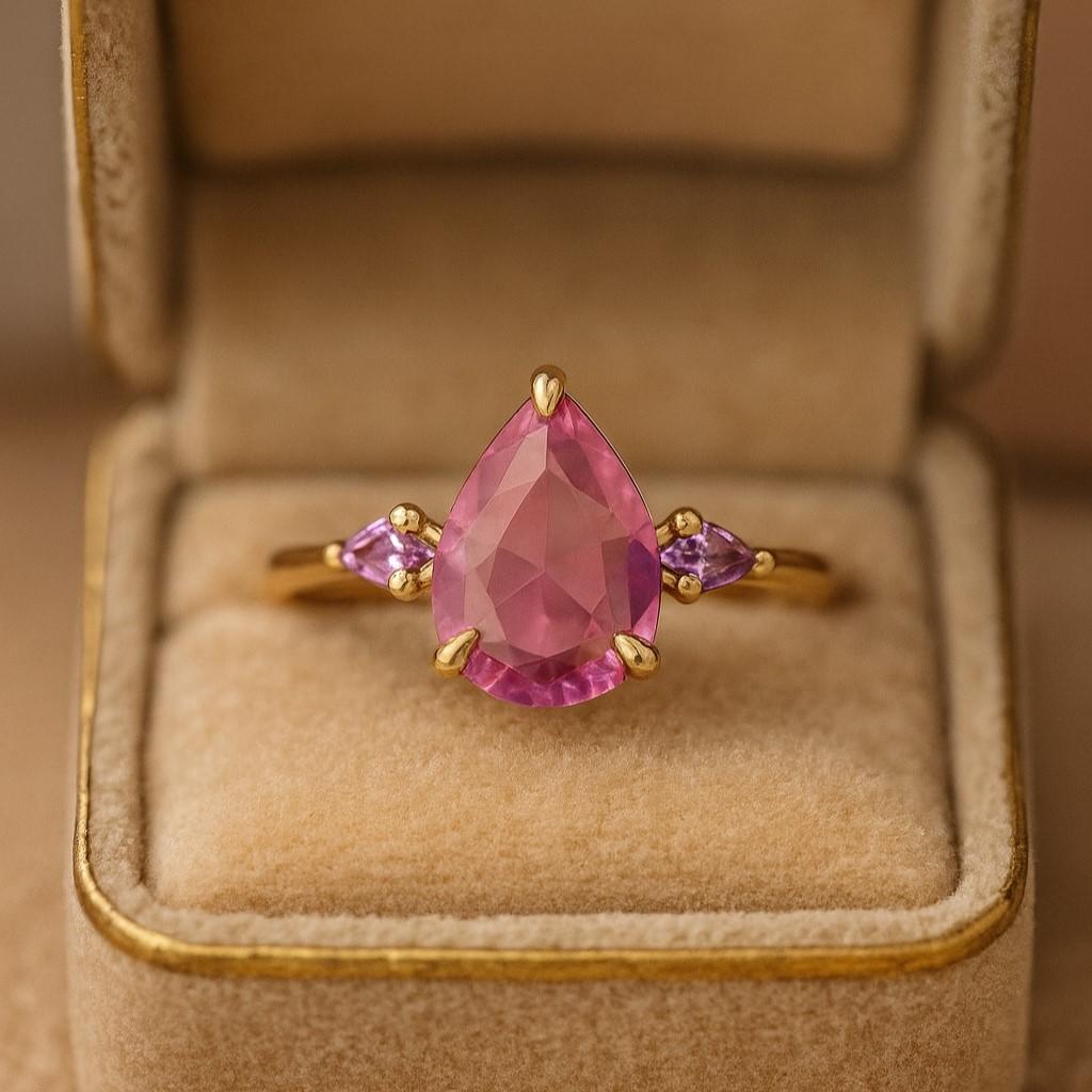 Pink Pear & Kite Cut Sapphire Ring – Yellow Gold Plated Wedding, Engagement, Anniversary, Promise Gift for Women | Birthstone Jewellery