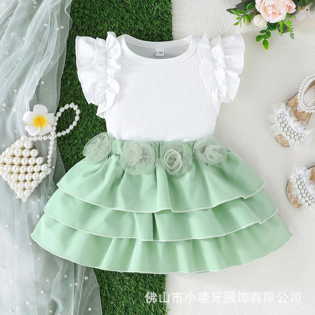 6M-3Y Baby Girl Summer Suit Baby Girl Short-sleeved Top + Mesh Flowers Layered Cake Skirt Girls Bustier Skirt