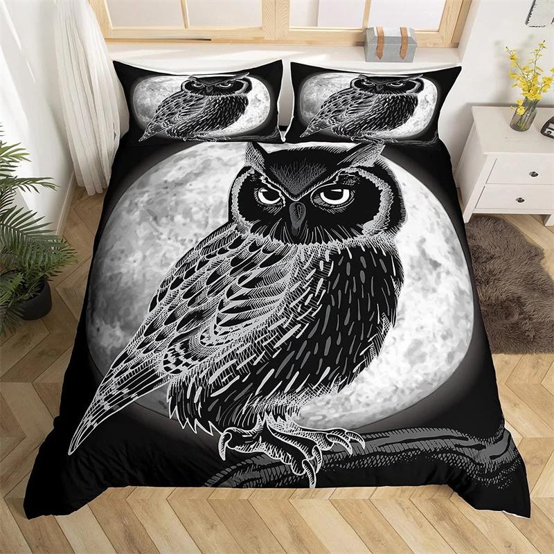 Black Owl King Queen Duvet Cover Moon Safari Bird Animal Bedding Set Lovely Wildlife Quilt Cover Grey Polyester Comforter Cover