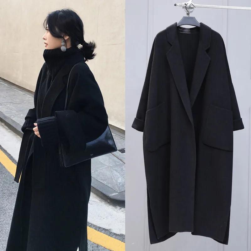 

2026 Korean Style Women s Over-the-Knee Black Wool Coat - Autumn/Winter Collection Large чёрный