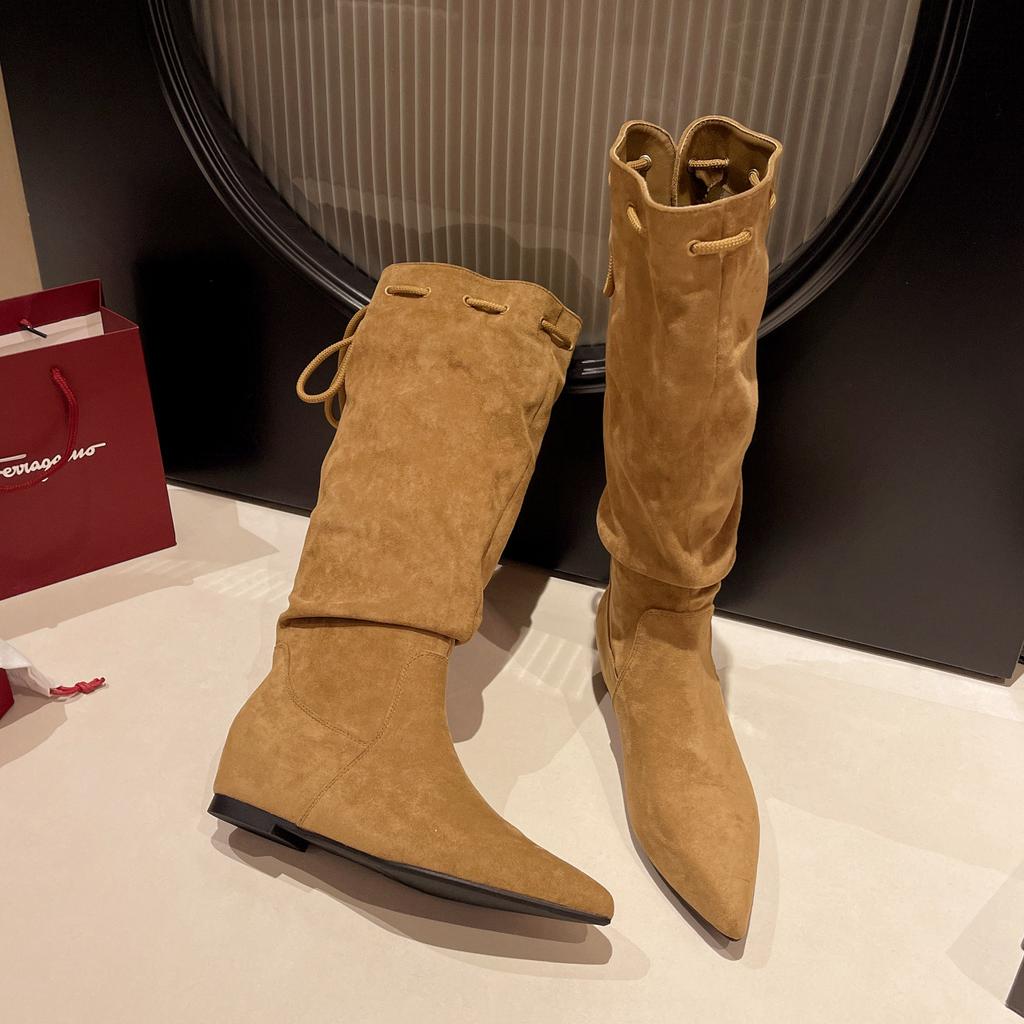 But knee tip inner height increase boots women's 2025 autumn and winter stacking boots lace-up suede versatile medium tube fashion boots