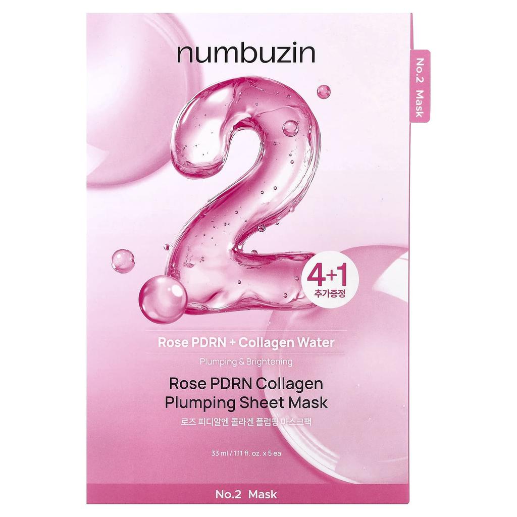 Numbuzin, No.2 Rose PDRN Collagen Plumping Beauty Sheet Mask, 5 sheets. 33ml (1.11 fl oz) each