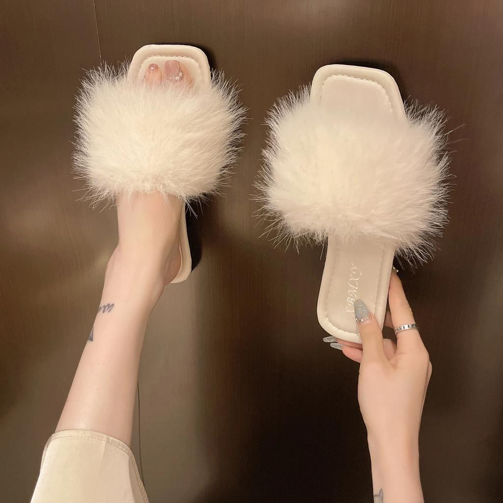 Fashion Summer Faux Fur Slippers Women Indoor Furry Fur Slides Female Plush Flip Flops Flats Sandals Casual Fluffy Slipper Outdoor Shoes